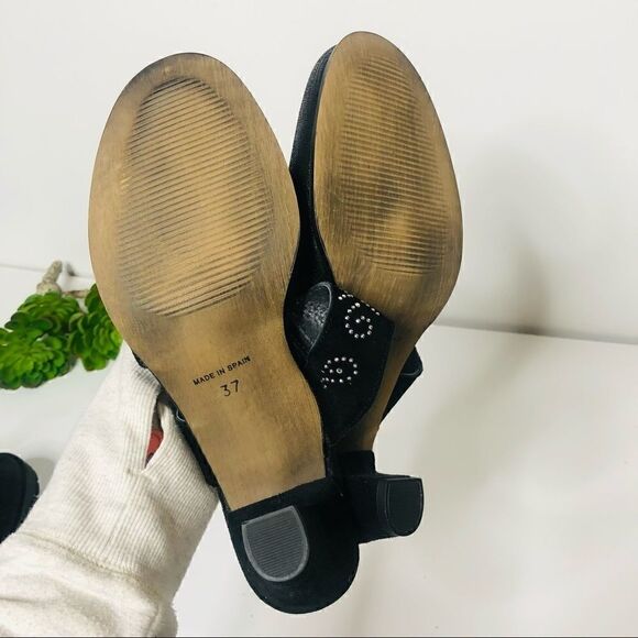 Helle Comfort Black Leather Rhinestone Strap Mule Heels - Picture 7 of 8